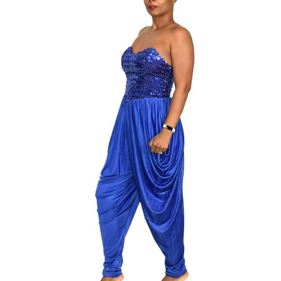 Sequin Draped Jumpsuit Vintage Blue Harem Strapless Sweetheart Pant Size Small - Picture 5 of 16